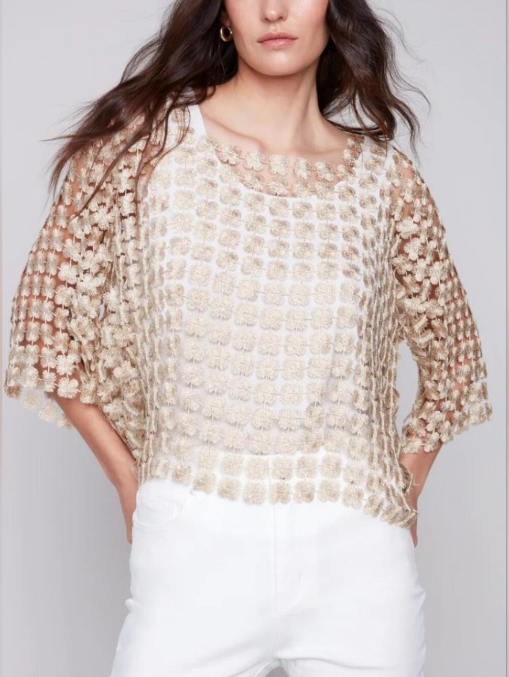 LIKE NEW CHARLIE B Madilyn Floral Crochet Overlay Top in Gold/Beige Size Small